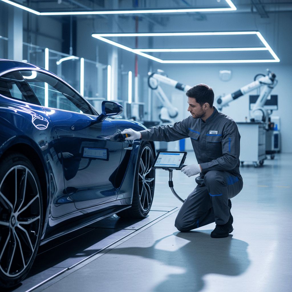 Optimus Auto Trading team inspecting a vehicle in the Singapore showroom