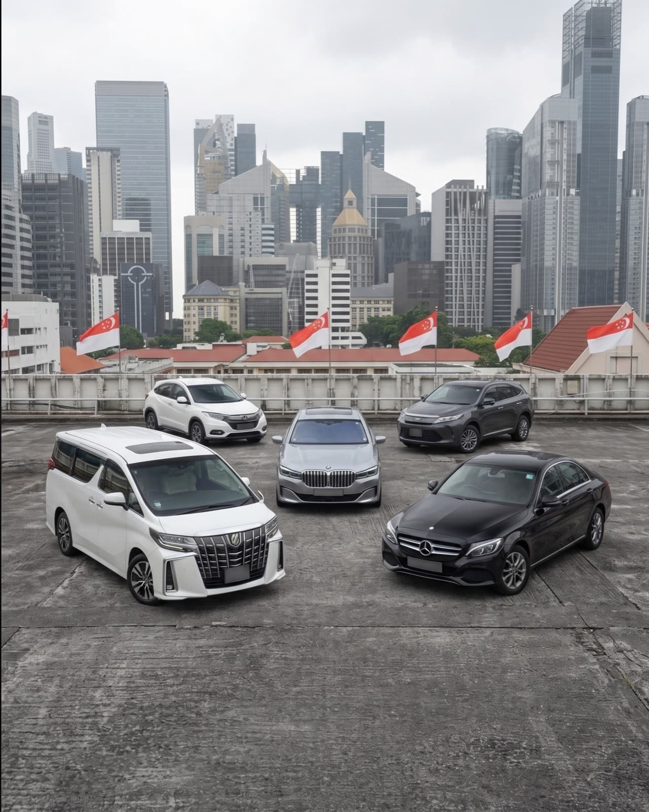 Pre-owned vehicles parked on a rooftop deck against the Singapore skyline