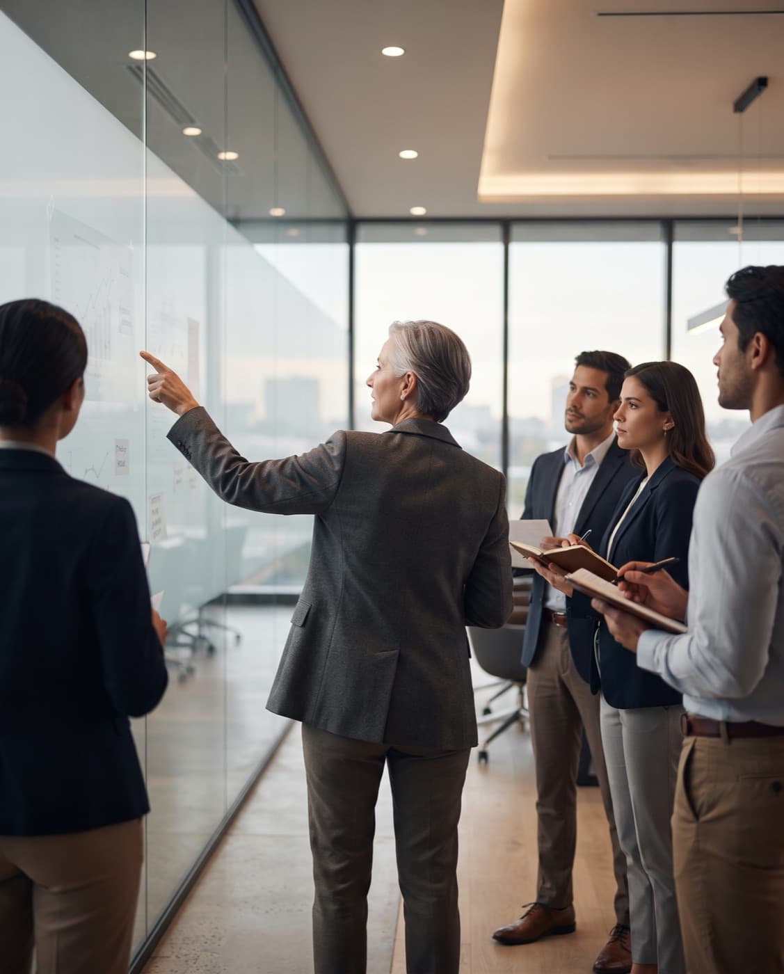 A manager briefing colleagues in a meeting room